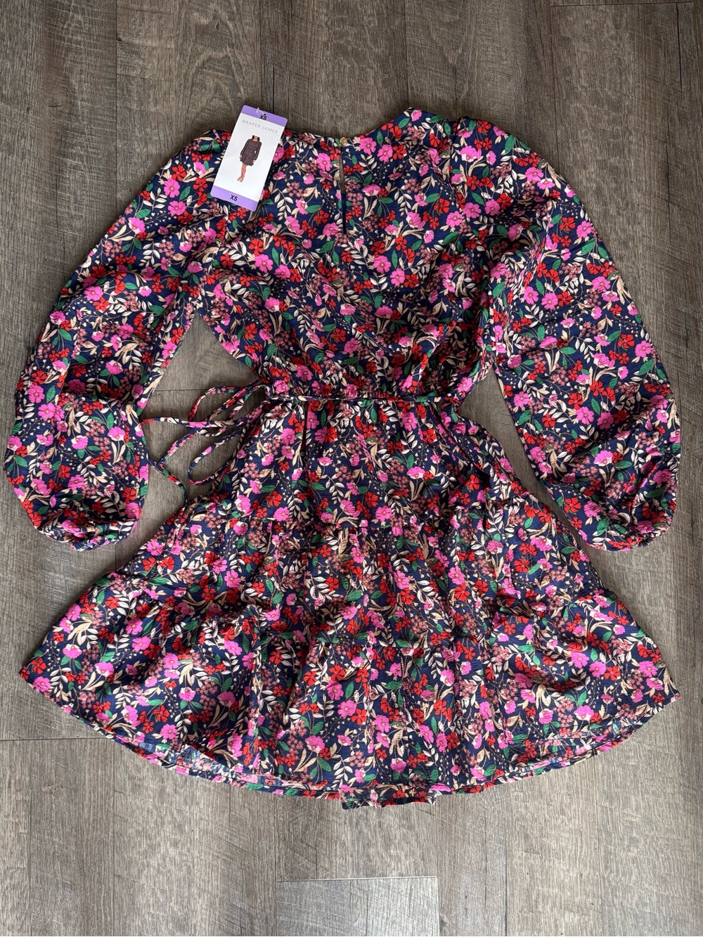 Draper James Navy Floral Tiered Tie-Waist Long Sleeve Dress Women’s Extra Small